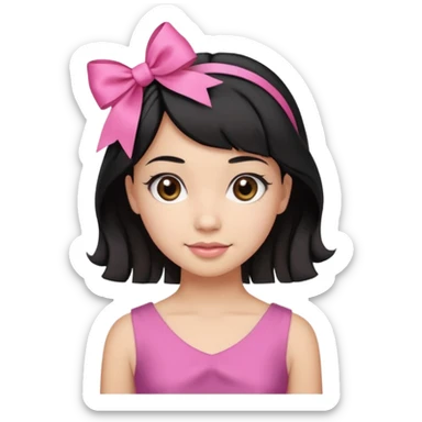 Beautiful girl with short black hair in a half-up half-down hairstyle with pink ribbon tying the top half, waves at the ends, brown eyes, light skin, slight smile, and pink dress sticker