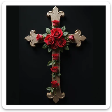 realistic gothic cross, with red roses, photorealistic style sticker