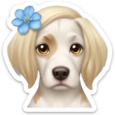 pale skin girl with blue eyes with long blonde hair that has a flower in her hair  holding a English pointer mixed with a lab dog the dog also has a flower in its hair sticker
