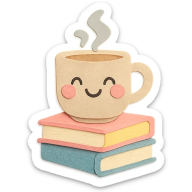 coffee cup with stack of books, blushing cheeks, cozy hand-drawn pastel style sticker