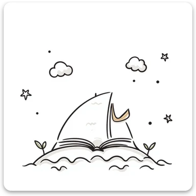 hand-drawn decorative elements including clouds, stars, ocean waves in a whimsical and airy children's book illustration style, clean and minimal, pastel tones, pencil or ink sketch look sticker