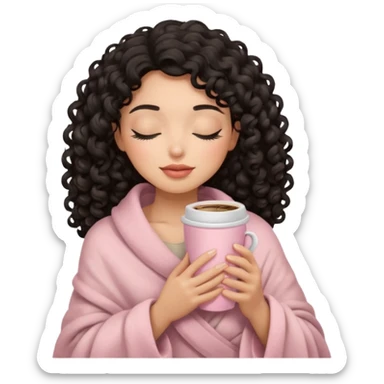 hispanic woman, black long 3b curls, closed eyes, feminine face, holding soft pink coffee cup with beige blanket over shoulders sticker