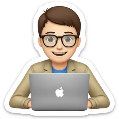 programmer with protruding teeth and glasses, sitting behind a laptop, simple, clear emoji style sticker