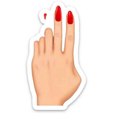 woman hand pointing index finger, red nail varnish. top of the hand is showing sticker