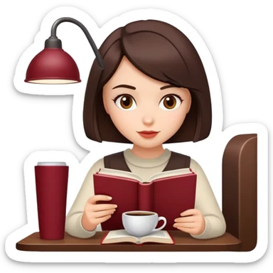 A brunette girl with a bob hairstyle, drinking coffee and reading a book Burgundy sticker