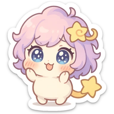 Stella Puff (星星噗噗) kawaii chibi style, front view, acting cute and coquettish (撒娇/卖萌), big sparkling glassy blue-violet eyes, puffy pastel pink-purple gradient hair with a yellow star swirl, creamy white round body, coral pink blush, short arms and legs, soft golden star tail, clean lines, transparent background sticker