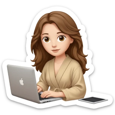 make a picture in ios 18 style of a white girl with brown long wavy hair wearing beige robe and working on a laptop sticker