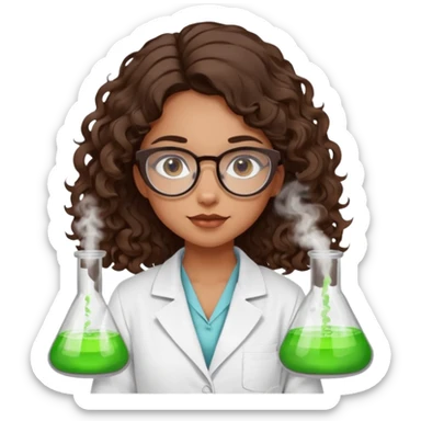 bratz doll with long loose curly dark brown hair, that reaches her lower back glasses that are round cat eye vibes, in a lab coat mixing beakers that glow shes a 4th grade girl sticker