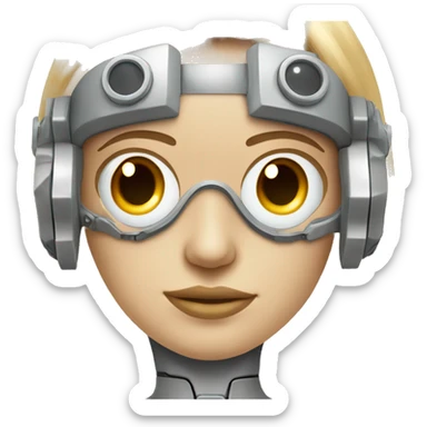 female cyborg head, fair skin, Brown long hair with blonde steaks, space age goggles and circuits sticker
