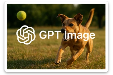  logo of chat gpt with text "GPT Image" on the background of a dog chasing ball, realistic image sticker