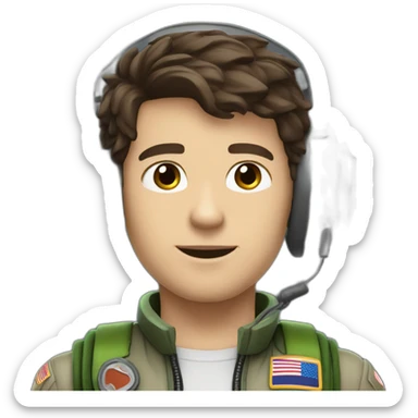 A young white male tennager with dark brown hair and brown eyes in a pilot suit and wearing a green Pilot headset sticker