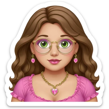 Girl long wavy brown hair with middle part. green gold eyes, plus size, pink frilly top,  gold nose ring, small pink heart crystal necklace. Gold rimmed glasses sticker