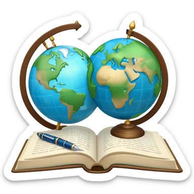 Create an emoji representing language translation. The design should feature just one globe in the background, symbolizing international communication. In front of the globe, place two opened books with texts on them and a pen nearby to indicate the act of writing. Use a clean and professional color palette with blues, greens, and neutral tones. Make the background transparent. sticker