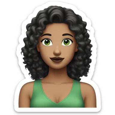 white 25-year-old pretty girl with very green eyes and black long curly/wavy hair, cute earrings, and green v-neck top, and mascara and mauve lipstick sticker