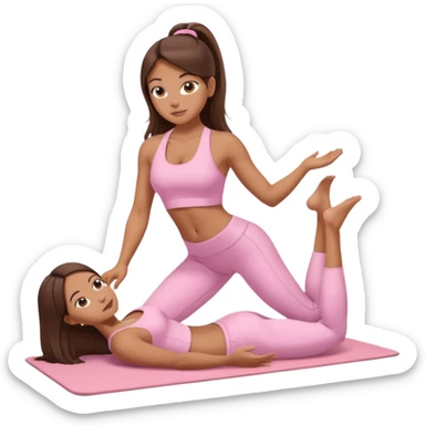 A tanned girl with long brunette hair in her 20’s doing Pilates wearing a ALO baby pink workout set  sticker