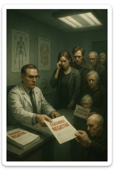 A realistic, cinematic illustration set in a dull, grey-toned medical office. A middle-aged male doctor in a white coat with a stern, cold expression is seated at his desk, handing out medical reports with large red ‘Negative Diagnosis’ stamps to each patient in line. The patients, of various ages and appearances, stand in a line, each looking increasingly sad, defeated, and demoralized as they receive their papers, with slumped shoulders and empty gazes. One young woman wipes away a tear, while a man stares at the paper in shock. The background shows medical posters, a faded plant, and harsh fluorescent lighting, emphasizing the cold, mechanical environment. The mood is heavy, illustrating how negative diagnoses delivered without empatia can deeply affect the mental health and morale of patients. The style is realistic, with subtle filmic grain, emphasizing emotional impact and the weight of medical words on people’s lives.in italiano sticker