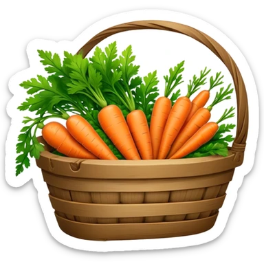 Cinematic vibrant orange carrot, crisp and fresh, slightly twisted with green leafy tops, arranged in a rustic wooden basket, natural and inviting. sticker