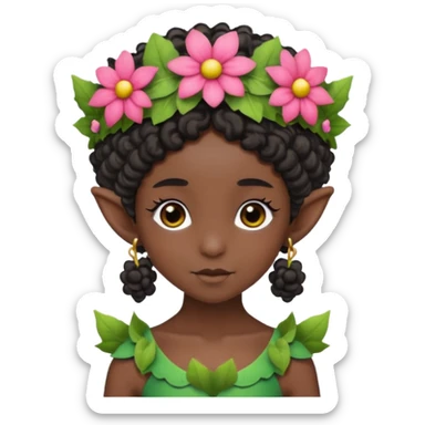 tiny Elf with Flower Crown, curley hair, black sticker