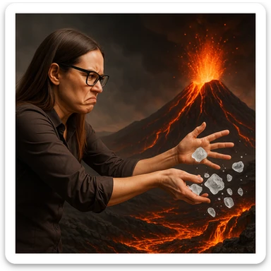 Create a hyperrealistic woman similar to the reference photo, side view, throwing ice onto a volcano full of lava with no effect. The expression should show frustration. The scene is symbolic with detailed features. sticker