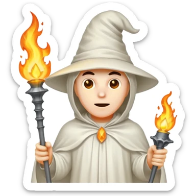A man in a ghost costume with a pointy hat and torch sticker