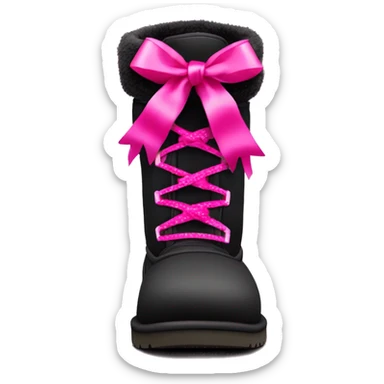 Pair of black and hot pink Ugg fur boots laced up with pink silk ribbon bows. sticker