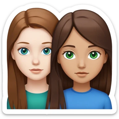 Two girls. One with pale skin, medium length brown hair, and blue eyes. The other with white to tan skin, long brown hair, and green-blue eyes sticker