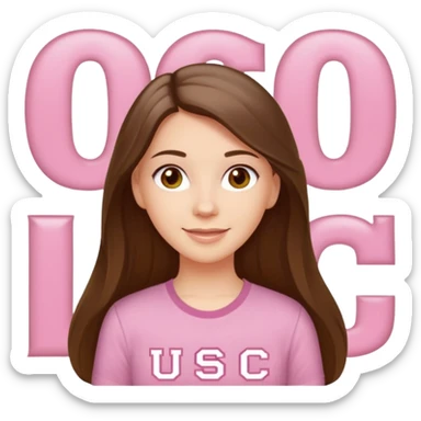 happy white long brunette hair girl with hazel eyes and in a light pink shirt with the letters USC in white sticker