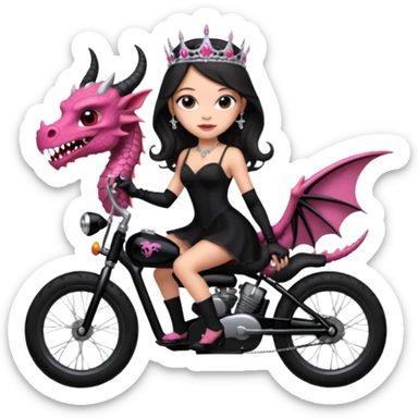  black evening gown with see-through gloves, Jenna Ortega as beautiful Addams woman prom queen wearing a mini tiara, very large blood  pink evil-looking horned old dragon bike sticker