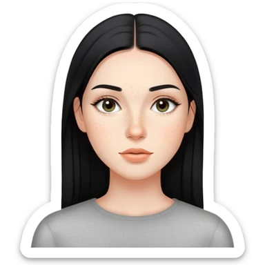 young woman with sleek black straight hair, natural makeup, and freckles across cheeks sticker