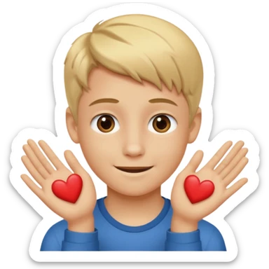 Un garçon blond aux yeux marrons de 13 ans qui tient avec ses mains un L avec des cœurs autour de son visage sticker