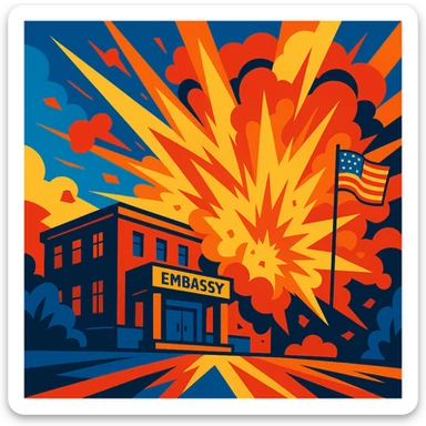 an embassy with a dramatic explosion, vibrant colors, dynamic action sticker
