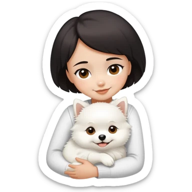 A black short-haired girl happily hugs a white Pomeranian sticker