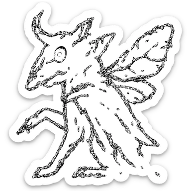 maximum deterioration: an extremely fragmented red line art of a hybrid creature with minotaur skull with broken horn and single glowing red eye, stoat features with tattered cape, and disintegrating moth wings, most outlines completely missing, severe deterioration with massive gaps and broken lines, eroded to almost nothing, like the final traces of an ancient worn sigil sticker