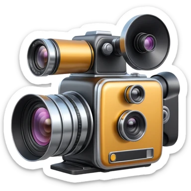 Minimal emoji icon of a huge cinematic metalic camera, front view, simple shapes, realistic lens,  sticker