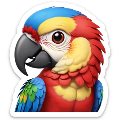 Cinematic Realistic Cute Macaw Portrait Emoji, Head tilted playfully and inquisitively, featuring a compact, lively build with intricately detailed, vivid scarlet and blue feathers and a charming, expressive face with round, sparkling eyes full of tropical wonder, rendered with realistic texture and vibrant natural hues, high shine, affectionate and spirited, styled with a touch of whimsical rainforest charm, soft glowing outline, capturing the essence of a mischievous yet lovable macaw that seems poised to flutter playfully into your arms! sticker