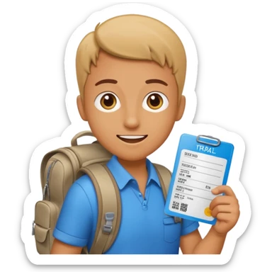 A person with a backpack and a boarding pass, asking for travel duty flight, bright and cheerful sticker