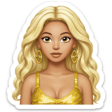 Beyonce with long platinum blonde hair, yellow sequin crop top, yellow earring sticker