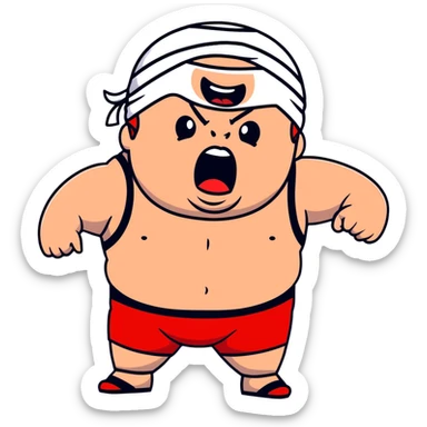Extreme close-up of face of morbidly obese white skin guy with young face, prominent BLACK DURAG tied clearly on head, black beard but no mustache, clean shaven upper lip, black eyes in a red and black wrestling singlet with mouth wide open screaming angrily sticker