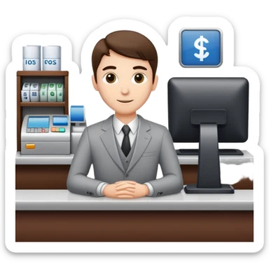 Professional bank clerk in formal attire standing behind a counter sticker