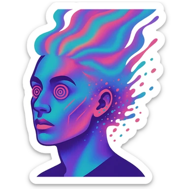 surreal portrait of a person with neon skin, face dissolving in an explosion of colors, airbrush effect, hair as swirling liquid color streams like northern lights, hypnotic spiral eyes, geometric elements along face contour, paint particles flying away, acid purple, turquoise, and electric pink blending, sense of movement sticker