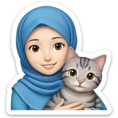 Asian white girl wearing cute blue hijab holding a black grey tabby cat while smiling sticker