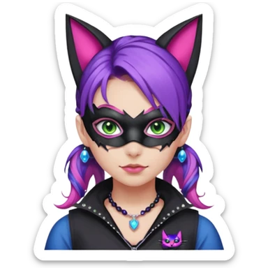 Girl with green eyes, wearing a bat mask with pink stones around her eyes, her hair tied in a ponytail, the hair is purple with blue and pink streaks, with black cat ears with pink stones around, wearing a black shirt that covers the neck, and a sleeveless blue jacket, and a necklace of pink stones sticker
