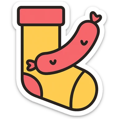 playful icon of a sock with a sausage, simple and bold, clear lines, minimal color palette, suitable for an app icon sticker