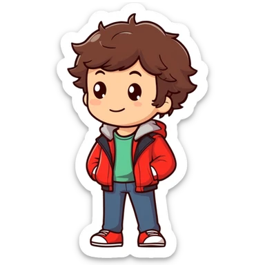 Garoto de cabelo castanho ondulado usando uma jaqueta vermelha full body  sticker
