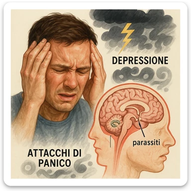 realistic medical illustration of a person with a distressed expression holding their head, with a stylized cross-section of the brain showing parasites, visual elements suggesting depression and panic attacks such as dark clouds, lightning, or abstract shapes, Italian labels, educational and respectful, no explicit details sticker