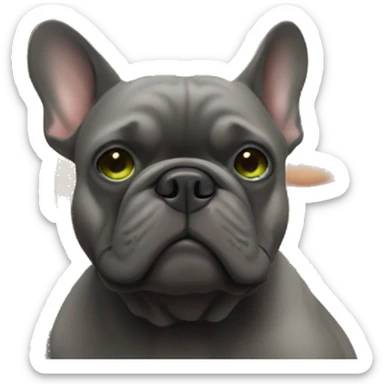 A blonde girl with green eyes with a square hugs a dark gray French bulldog sticker