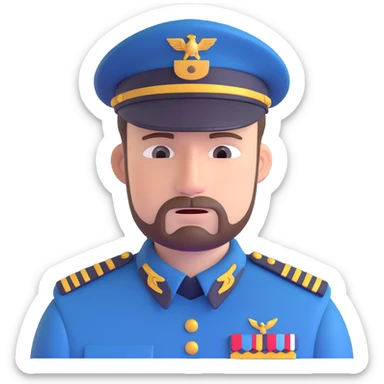 A white man with stubble in a soldier's uniform and a sad face sticker