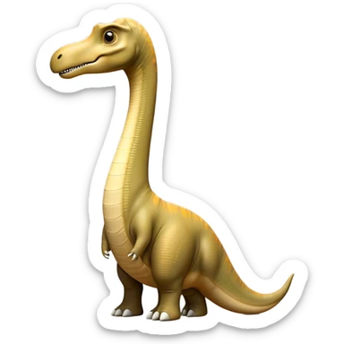 Cinematic Noble Brachiosaurus Portrait Emoji, Poised and majestic, with a towering, elongated neck stretching gracefully from a robust, column-like body, a small, gentle head with curious eyes, and subtle, textured skin in earthy tones, Simplified yet sharply defined features, highly detailed, glowing with a soft, golden radiance, high shine, intelligent and serene, stylized with an air of prehistoric grandeur, focused and calm, soft glowing outline, capturing the essence of a watchful and confident Brachiosaurus that appears ready to gracefully emerge from the screen with effortless power! sticker