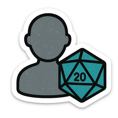 minimalist gray icon of a player silhouette with a D20 dice, worn distressed look sticker