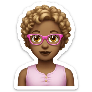little girl with light brown curly hair, blue eyes and pink glasses sticker